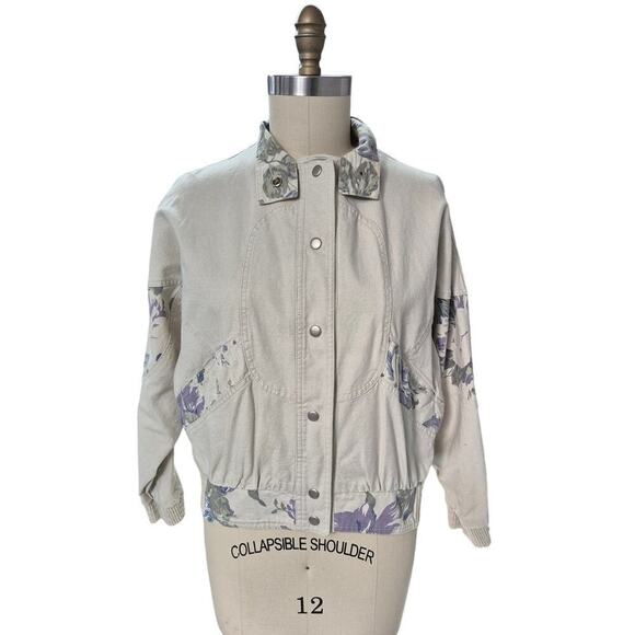 VTG 80s 70s Y2K City Limits Denim Jacket Beige w/Contrasting Floral Accents M - Picture 3 of 8